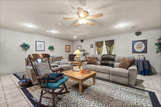 living room with crown molding, light tile patterned floors, and a textured ceiling