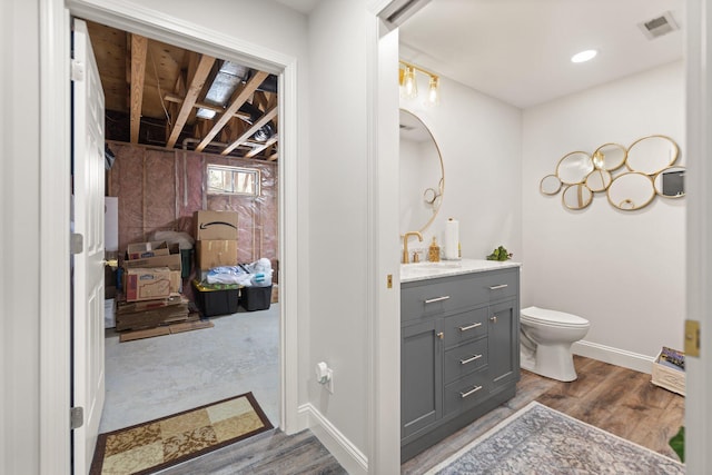 bathroom with vanity, wood-type flooring, and toilet