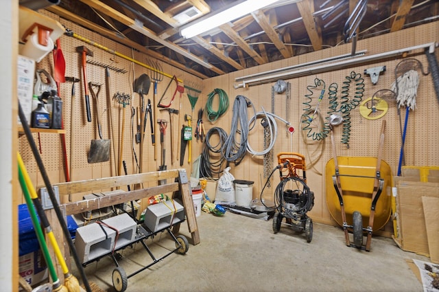 interior space featuring a workshop area