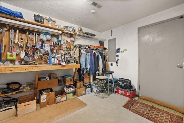 spacious closet with electric panel and a workshop area