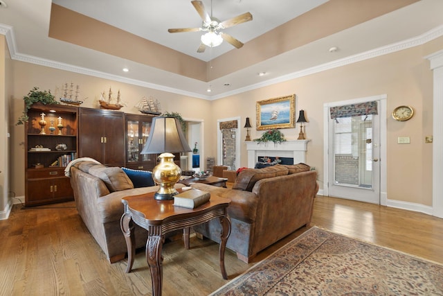 living room with crown molding, hardwood / wood-style floors, a tray ceiling, and ceiling fan