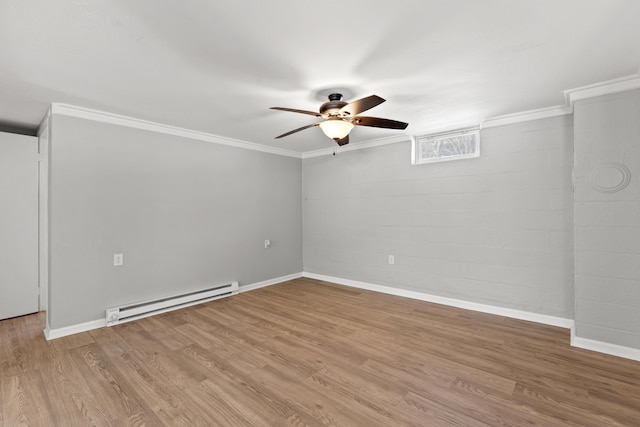 unfurnished room featuring baseboard heating, light wood-type flooring, ceiling fan, and ornamental molding