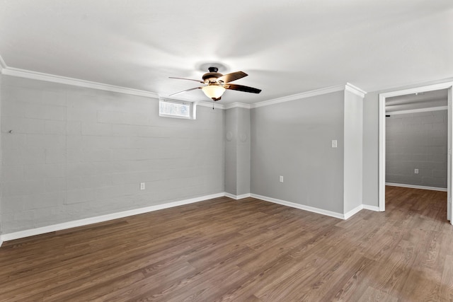 unfurnished room with hardwood / wood-style flooring, crown molding, and ceiling fan