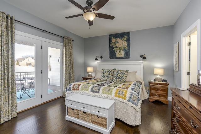 bedroom featuring access to exterior, ceiling fan, and dark wood-type flooring