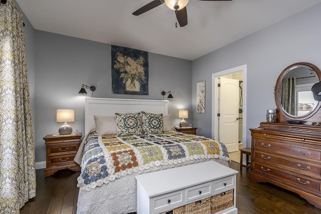 bedroom with dark wood-style flooring and a ceiling fan