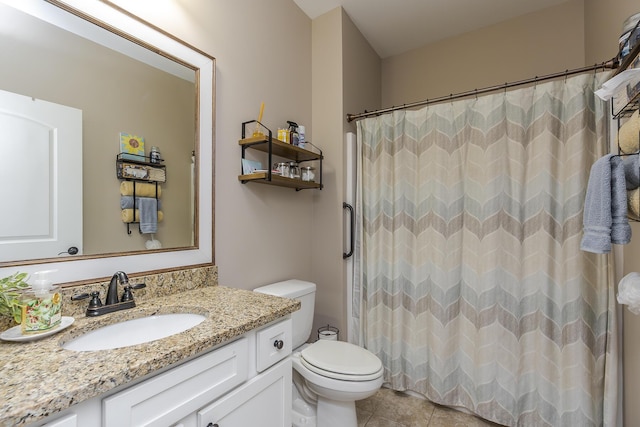 full bath featuring toilet, a shower with curtain, tile patterned flooring, and vanity