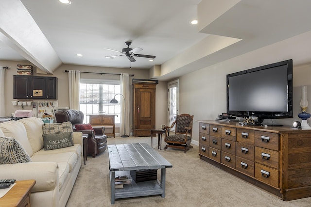 living room with recessed lighting, baseboards, ceiling fan, and light colored carpet