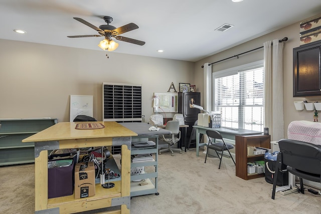 office with light carpet, ceiling fan, visible vents, and recessed lighting