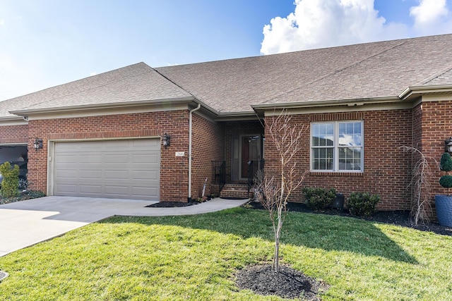 ranch-style home with an attached garage, brick siding, driveway, roof with shingles, and a front yard