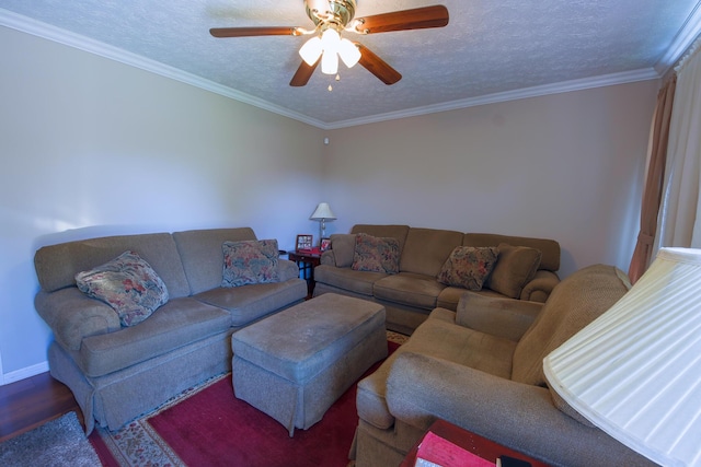 living room with ceiling fan, ornamental molding, and a textured ceiling