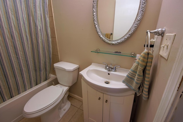 full bathroom with toilet, tile patterned flooring, shower / bath combination with curtain, and vanity