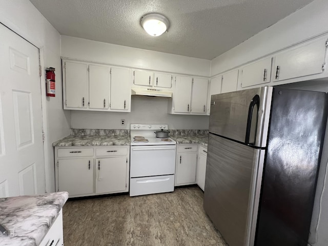 346 Becks Creek Rd, Williamsburg, KY 40769 - kitchen featuring stainless steel fridge, light wood-type flooring, white cabinetry, a textured ceiling, and white range with electric stovetop