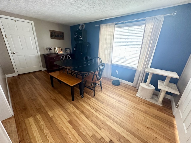 dining space featuring light hardwood / wood-style flooring and a textured ceiling