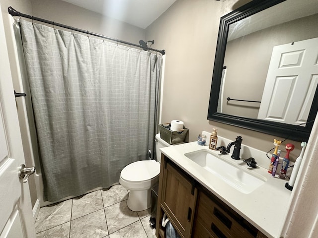 full bathroom with tile patterned floors, vanity, toilet, and shower / tub combo with curtain