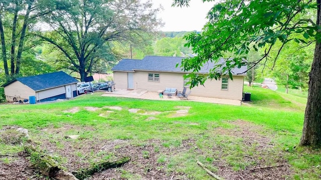 rear view of house featuring central AC unit, a lawn, and a patio