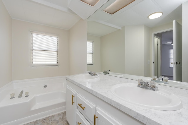 bathroom featuring vanity and a washtub