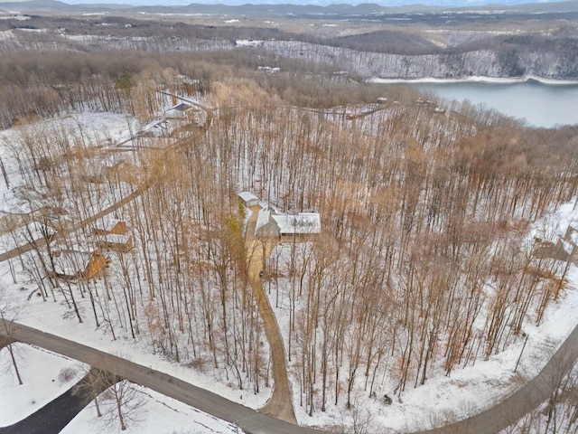 snowy aerial view featuring a water and mountain view