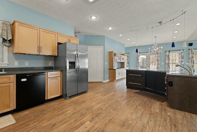 kitchen with dishwasher, stainless steel refrigerator with ice dispenser, decorative light fixtures, light brown cabinets, and light hardwood / wood-style flooring