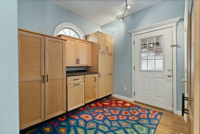 kitchen with rail lighting, light brown cabinets, light wood-type flooring, and a textured ceiling