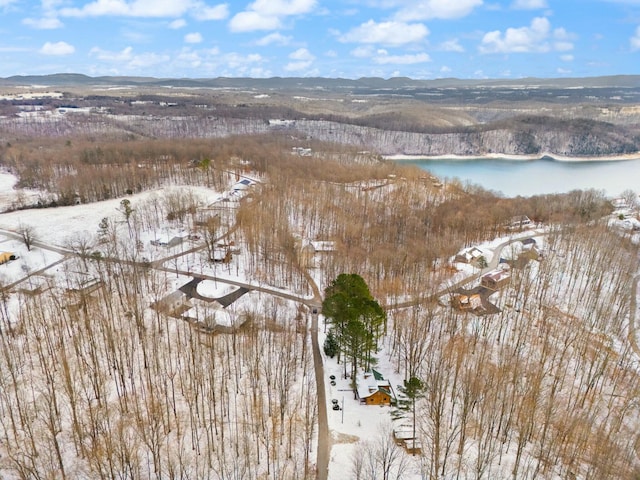 snowy aerial view featuring a water and mountain view