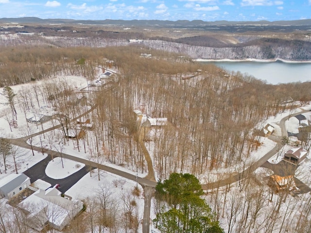 snowy aerial view featuring a water and mountain view