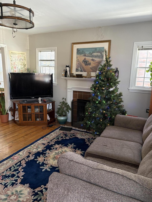 living room with hardwood / wood-style floors, plenty of natural light, and a fireplace