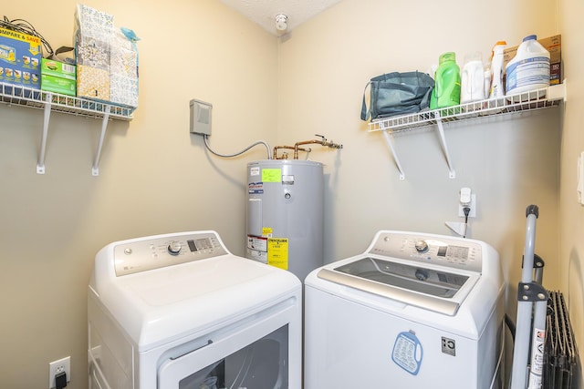 laundry area featuring electric water heater and washing machine and dryer