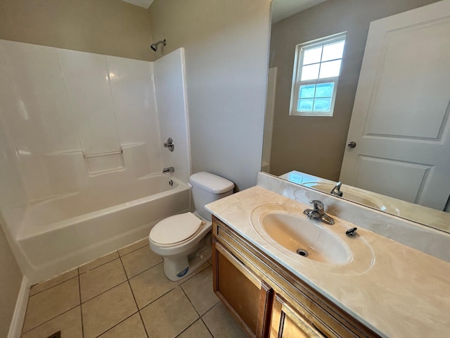 full bathroom featuring bathing tub / shower combination, vanity, tile patterned floors, and toilet