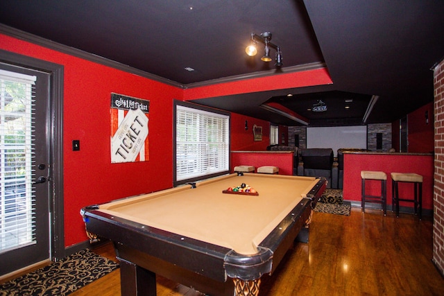 rec room with billiards, baseboards, wood finished floors, and crown molding