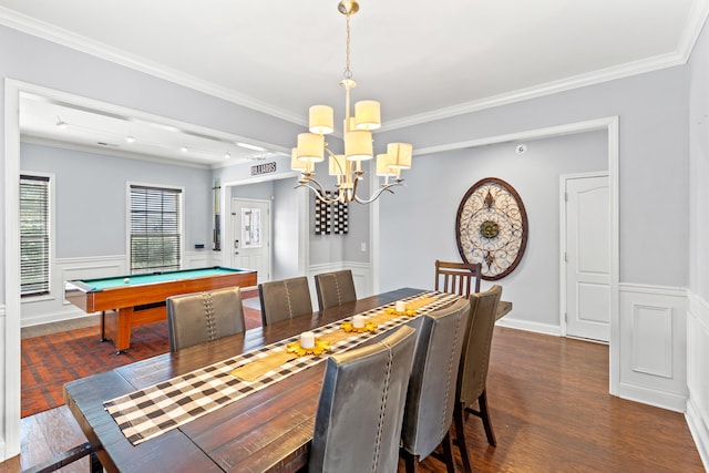 dining space with pool table, crown molding, an inviting chandelier, and dark hardwood / wood-style flooring