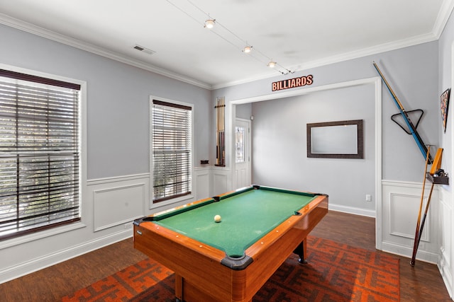 playroom featuring crown molding, dark hardwood / wood-style floors, track lighting, and billiards