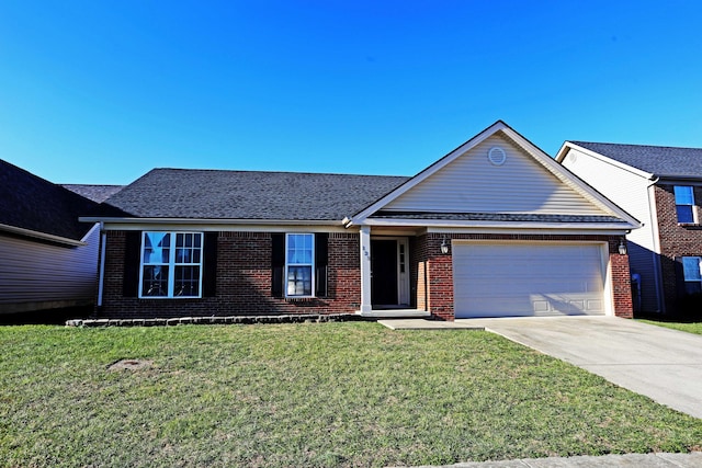 single story home featuring a garage and a front yard