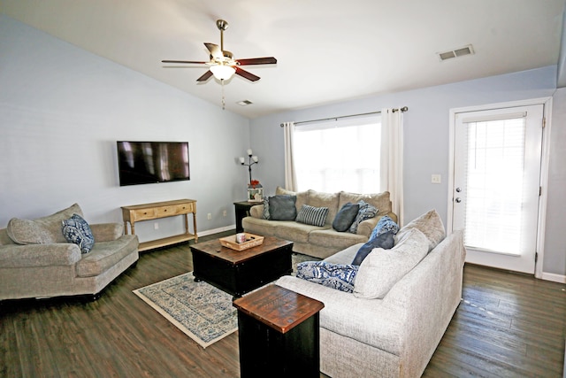 living room with lofted ceiling, dark hardwood / wood-style floors, and ceiling fan