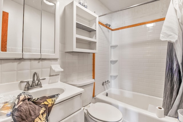 full bathroom with vanity, backsplash, shower / bath combination with curtain, and toilet