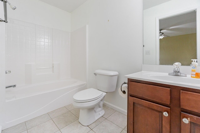 full bathroom with shower / bathtub combination, tile patterned flooring, vanity, ceiling fan, and toilet