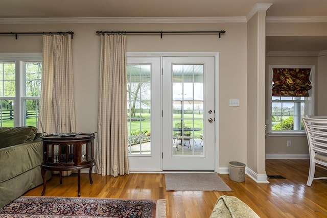 entryway with crown molding and wood-type flooring