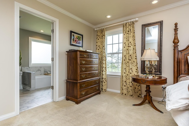 living area featuring crown molding and light carpet