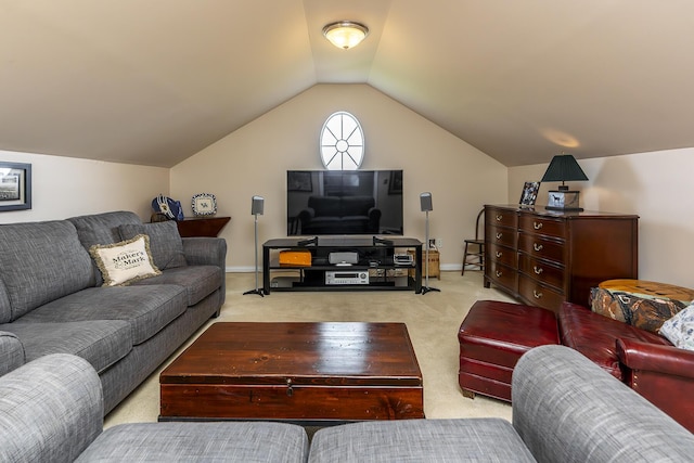 living room featuring vaulted ceiling and light carpet