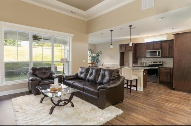 living room featuring ornamental molding, dark hardwood / wood-style floors, and sink