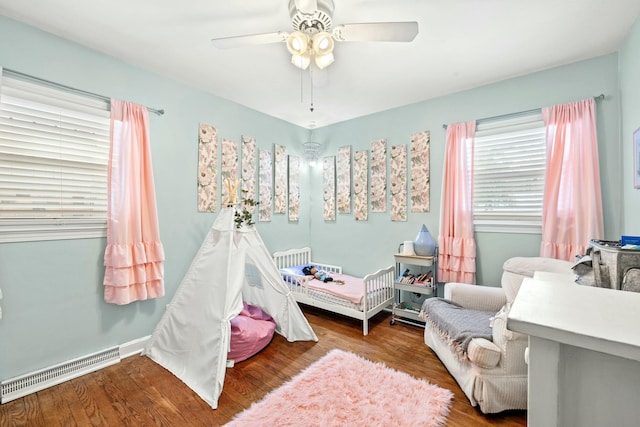 bedroom with hardwood / wood-style floors and ceiling fan