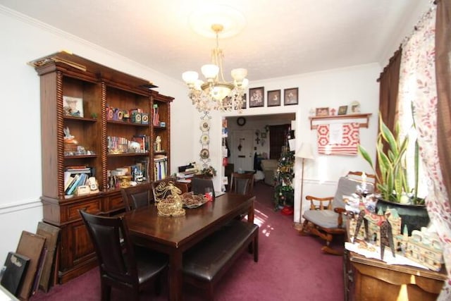 dining area featuring a chandelier, dark carpet, and ornamental molding