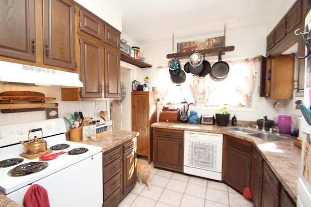 kitchen featuring white electric stove, dishwashing machine, light countertops, under cabinet range hood, and open shelves