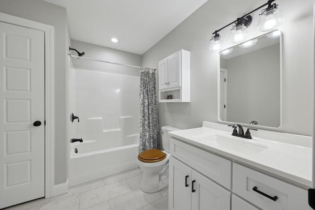 bathroom with shower / bathtub combination with curtain, marble finish floor, vanity, and toilet