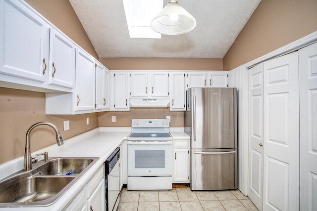 kitchen featuring sink, white appliances, light tile patterned floors, white cabinetry, and hanging light fixtures