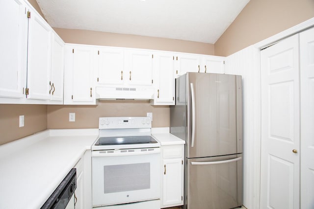 kitchen with white cabinetry, white appliances, and a textured ceiling