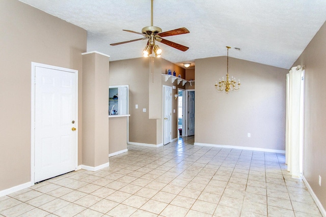 unfurnished room with light tile patterned flooring, lofted ceiling, ceiling fan with notable chandelier, and a textured ceiling