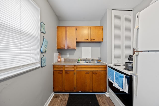 kitchen featuring wood-type flooring, sink, and white appliances