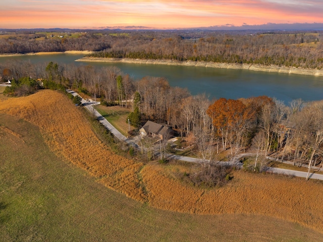 aerial view at dusk featuring a water view