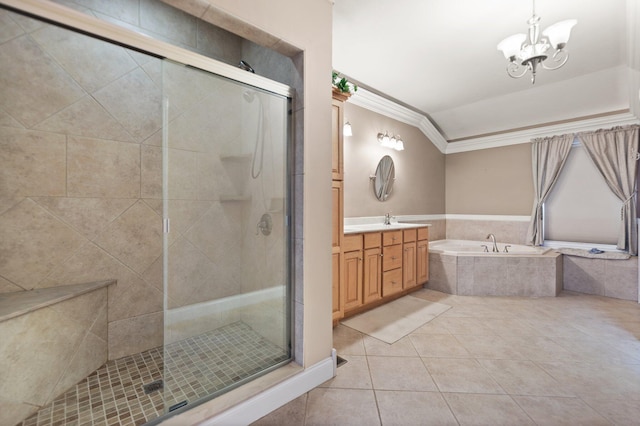 bathroom featuring lofted ceiling, tile patterned floors, vanity, an inviting chandelier, and separate shower and tub