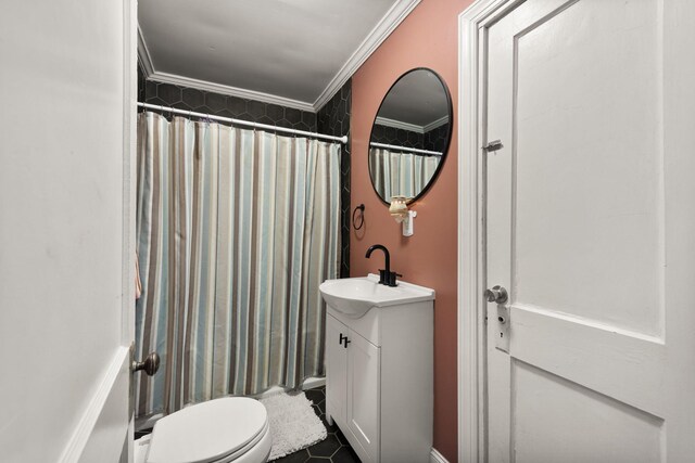 bathroom featuring crown molding, tile patterned flooring, vanity, a shower with curtain, and toilet